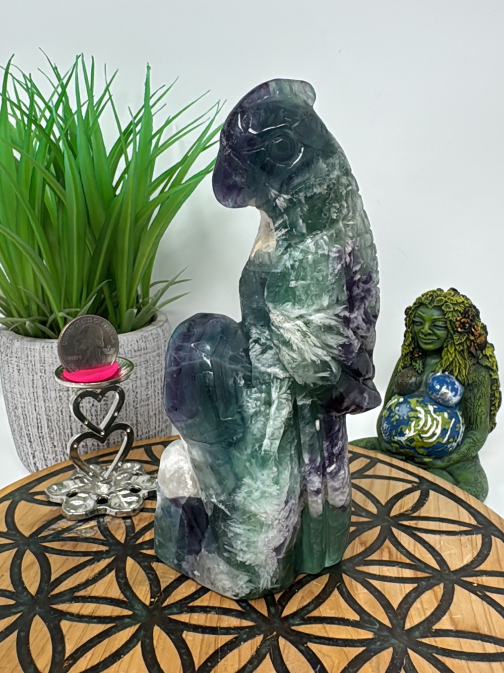 Hand-Carved Fluorite Parrot Sculpture - Green & Purple